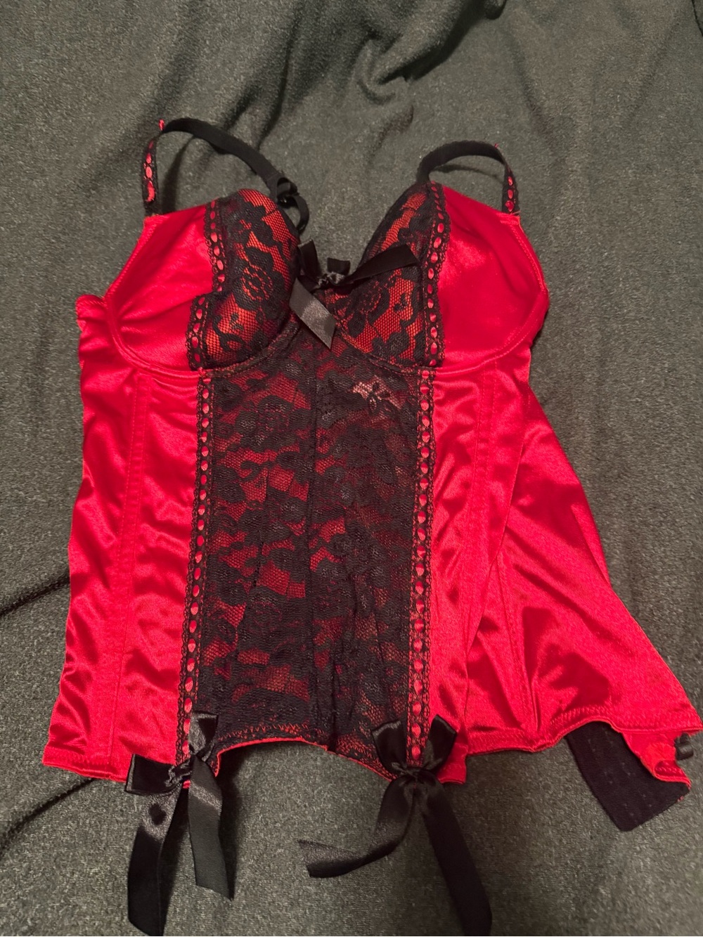 Red Lace-Front Bustier Camisole with Black Trim
